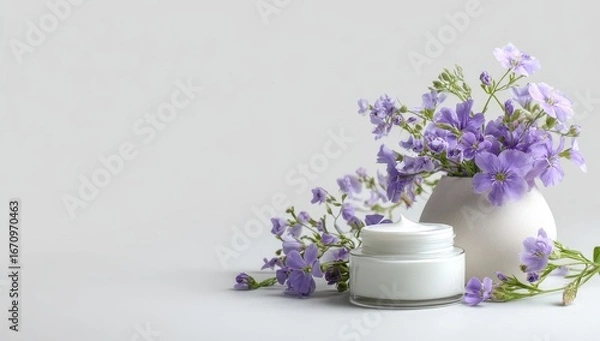 Obraz Cream jars and purple flowers on a gray background