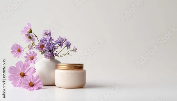 Obraz Cream jar and flowers on white background