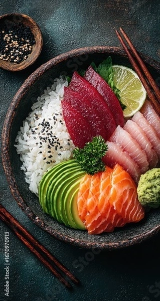 Obraz Colorful Japanese rice bowl with assorted fish, avocado, and lime