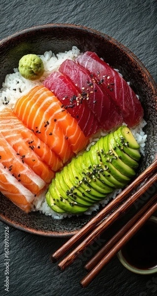 Obraz Colorful sushi bowl with rice, fish, and avocado (1)