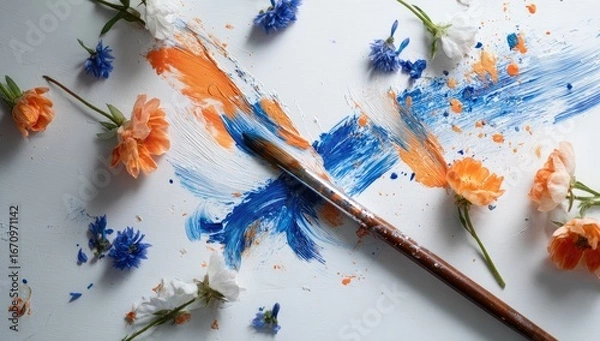 Obraz Abstract paint strokes and flowers on white paper