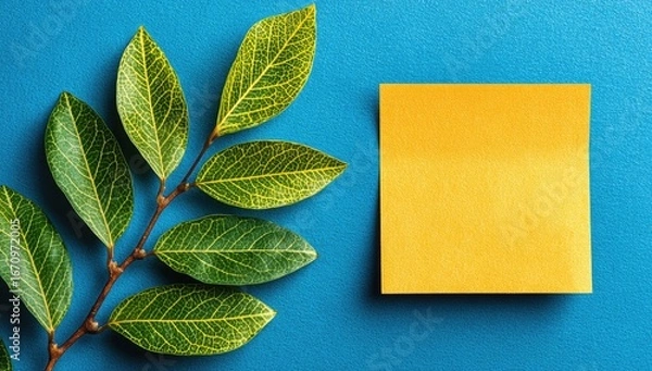 Obraz Bright green leaves and a blank yellow sticky note on vibrant blue background
