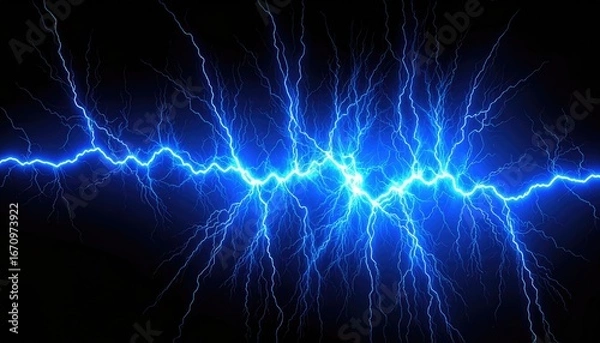 Obraz Electric blue lightning bolts streak across a dark background.