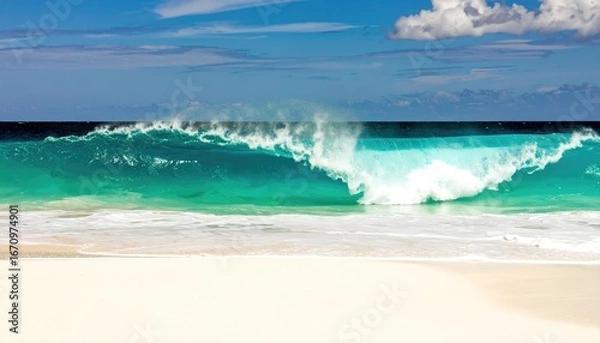 Obraz Turquoise ocean wave crashes on a pristine white sand beach under a bright blue sky.