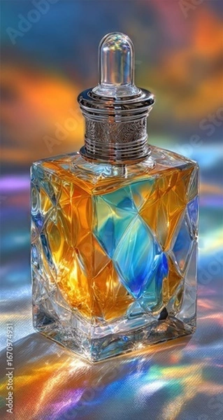 Obraz Close-up of a decorative glass perfume bottle.  Colorful light refracts and reflects on the surface.