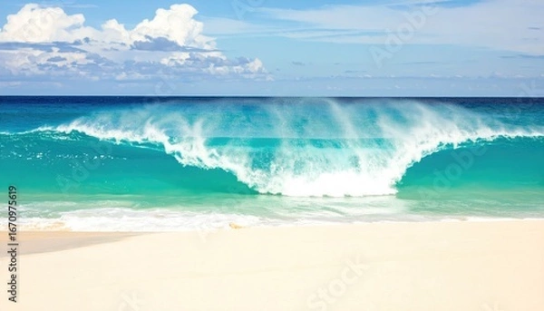 Obraz A pristine beach with a stunning turquoise wave breaking gently ashore.