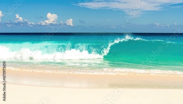 Obraz Turquoise ocean waves crash on a pristine white sand beach under a bright blue sky.