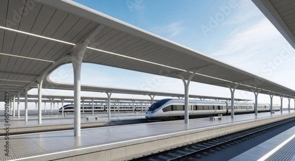 Fototapeta Modern high-speed train station with sleek architecture under a clear blue sky.