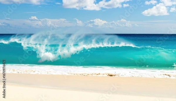 Obraz A pristine beach with a turquoise wave crashing gently ashore under a bright sunny sky.