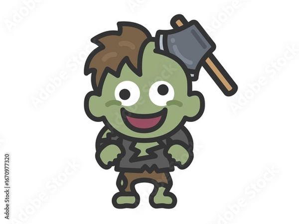 Obraz 斧が刺さった、ゾンビのキャラクターのアイコン（線画カラー）のイラスト