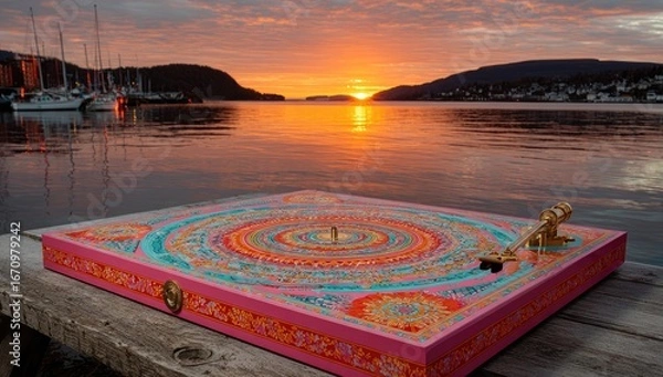 Obraz Colorful record player platter at sunset over water