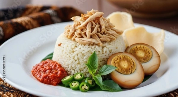 Fototapeta Aromatic Asian chicken rice served with savory shredded chicken, braised soy eggs, spicy chili paste, and crispy crackers