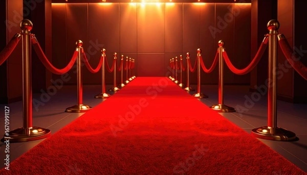 Obraz Red carpet entrance with gold stanchions and velvet ropes leading to an event.