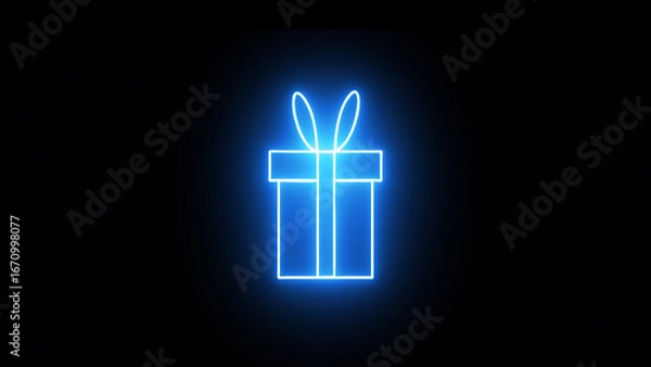 Obraz blue neon gift box black background.