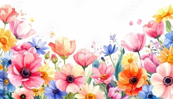 Obraz Vibrant watercolor painting of a colorful spring flower border