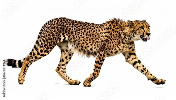 Obraz A cheetah strides gracefully across a white background.