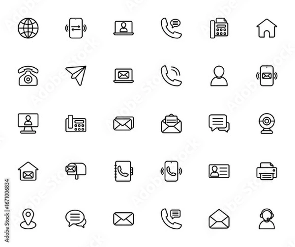 Obraz Communication icon set. Vector line icons pack. Incldes symbols for internet, ideo call, email, phone, fx, webcam, mailbox, and moe. Editable stroke.