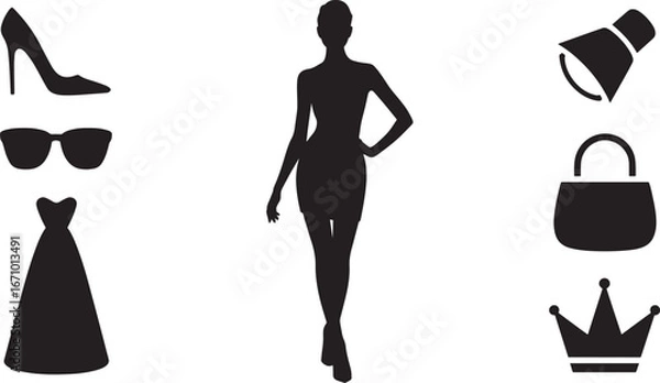 Fototapeta Silhouette of a Woman Surrounded by Accessories on a Transparent Background for Design Use