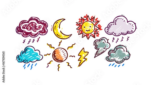 Fototapeta Cartoon weather icons with sun moon clouds and lightning comic style
