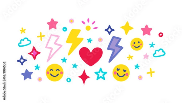 Fototapeta Cheerful cartoon icons stars hearts lightning clouds and smiley faces vector