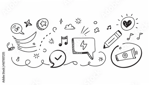 Fototapeta Doodle icons with speech bubbles and music notes pencil