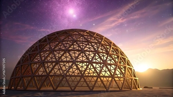 Fototapeta 3D abstract lattice dome gradient. Futuristic lattice dome 3D over purple-to-gold gradient with glowing lens flare accents.