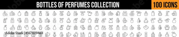 Fototapeta  Various Bottles of Perfume Related Line Icon Collection. Editable Stroke. Perfect for Graphics, Designs, Books, Adverts, Apps