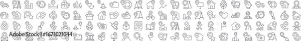 Fototapeta Items with Map Pin Outline Picture Collection. Editable Stroke. Perfect for Graphics, Designs, Books, Adverts, Apps
