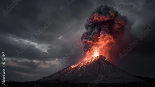Fototapeta Dramatic eruption of long-dormant volcano symbolizing centuries of silence broken by sudden geological awakening, powerful natural force concept
