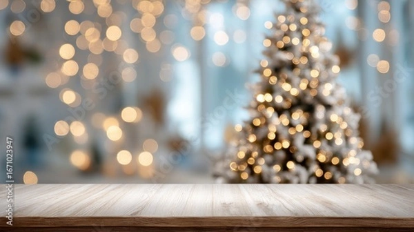 Obraz Blurred xmas tree background over empty wooden table