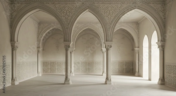 Fototapeta Empty square room with classic architecture featuring archs. Gypsum fretwork on the wall