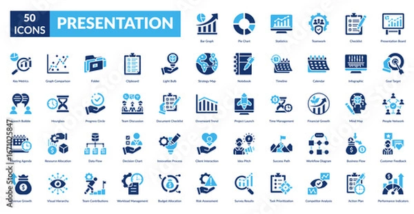 Fototapeta presentation fill icon set. Bar Graph, Pie Chart, Statistics, Teamwork, Checklist, Presentation Board, Goal Target