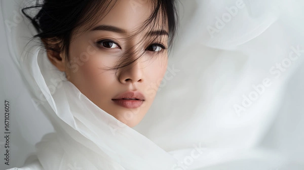 Obraz ベールのような白い布に包まれた凛とした雰囲気の女性