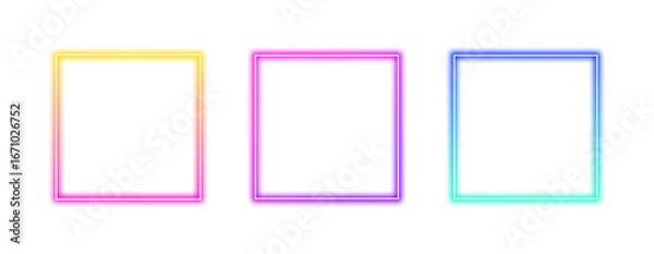 Fototapeta Collection of colorful gradient glowing square frames with transparent background