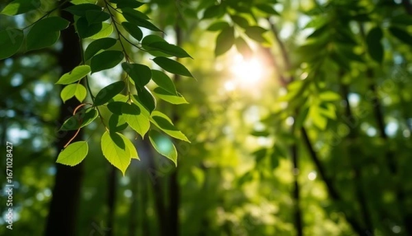 Fototapeta Soft-focus green leaves and bokeh, sunlit forest scene,  texture,  abstract