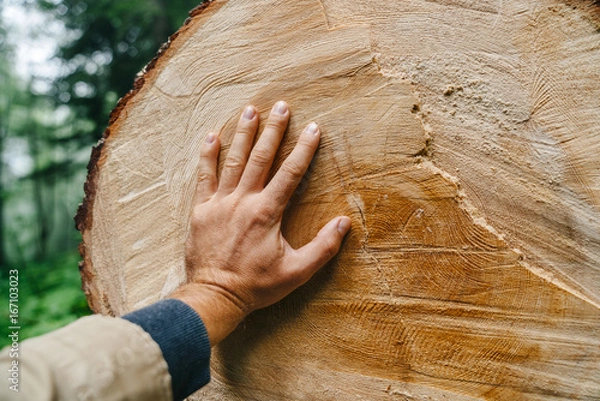 Fototapeta The hand of man touches the trunk of a felled tree with annual rings. Man and ecology.