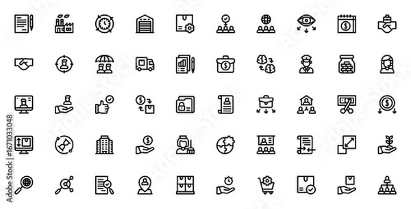 Obraz Outsourcing vector icon set. Business process icons ollection. Features contrat, factory, efficiency, waehouse, production, global supervision, and more.