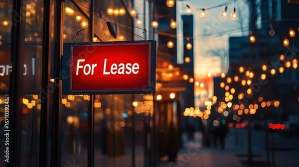 Fototapeta A vibrant urban scene featuring a "For Lease" sign against a backdrop of warm, glowing lights, indicating evening ambiance and potential business opportunities.