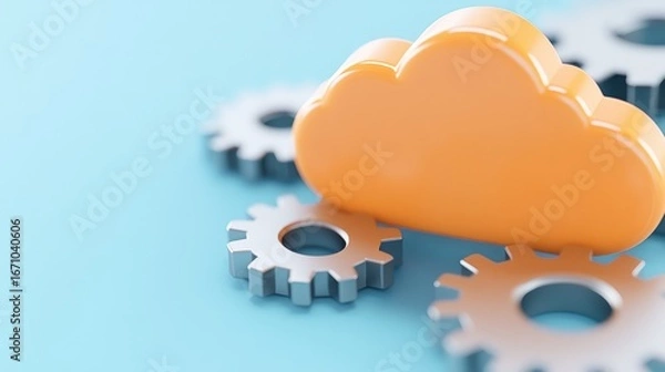 Fototapeta A vibrant orange cloud sits atop metallic gears, symbolizing cloud computing and the integration of technology with machinery.