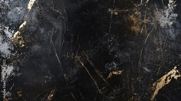 Fototapeta A textured abstract background featuring dark colors with hints of gold and silver, creating a dramatic and artistic appearance.