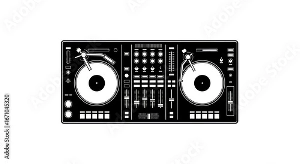 Fototapeta A professional DJ controller with two turntables, mixer, and numerous buttons and faders for music manipulation and performance.