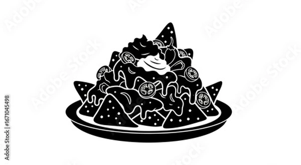 Fototapeta Silhouette illustration of a plate of nachos with various toppings.