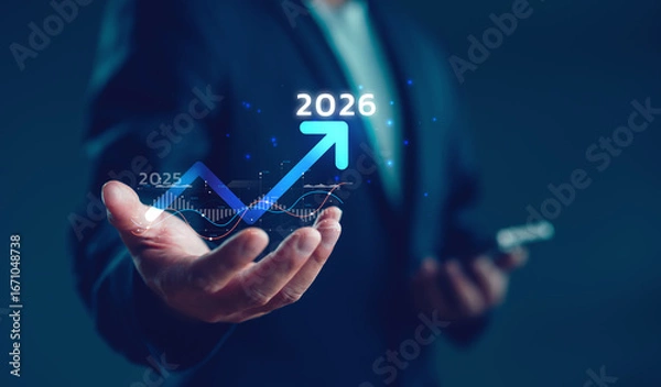 Fototapeta Businessman holding graph and upward arrow from 2025 to 2026, representing data-driven business growth, strategic planning, performance forecast, annual success and financial improvement.