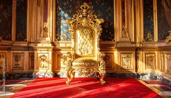 Obraz Ornate golden throne sits on a red carpet in a regal room.