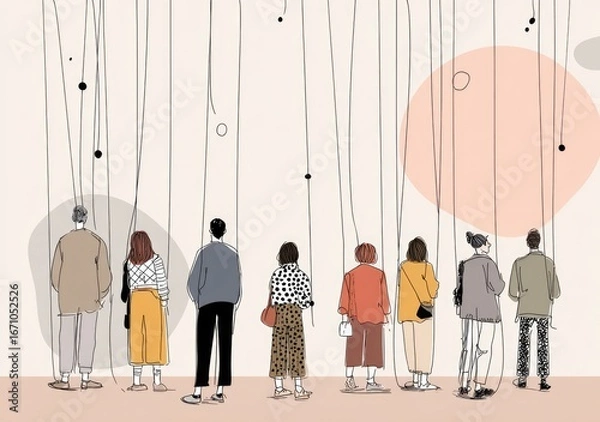 Fototapeta People in line, looking up at strings