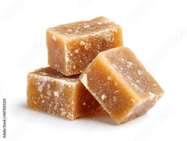 Fototapeta Three light-brown, slightly rough-textured, square candies stacked