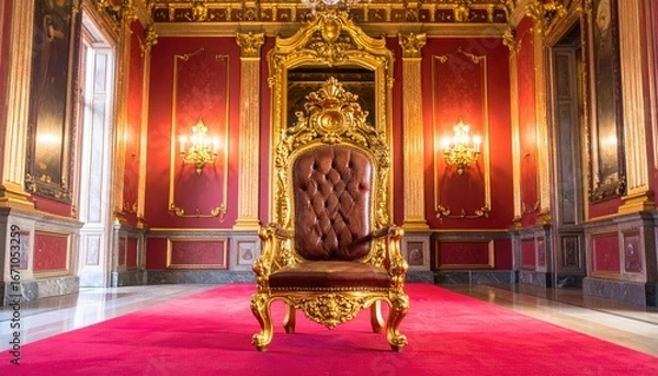 Obraz Ornate golden throne sits on a red carpet in a regal room.