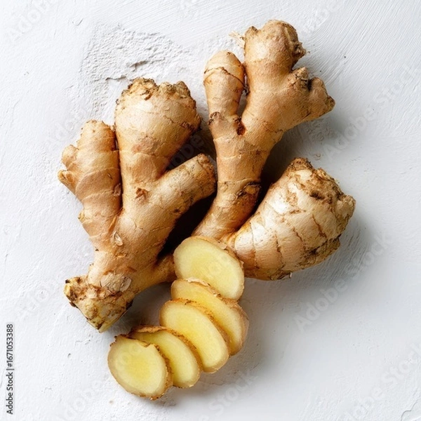 Fototapeta Fresh ginger root, whole and sliced, on a light background