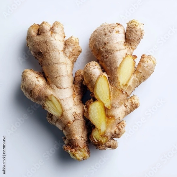 Fototapeta Two ginger roots, close-up, arranged in a heart shape, light background