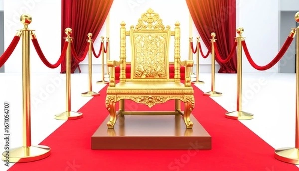 Obraz Golden throne sits on red carpet, flanked by velvet ropes.